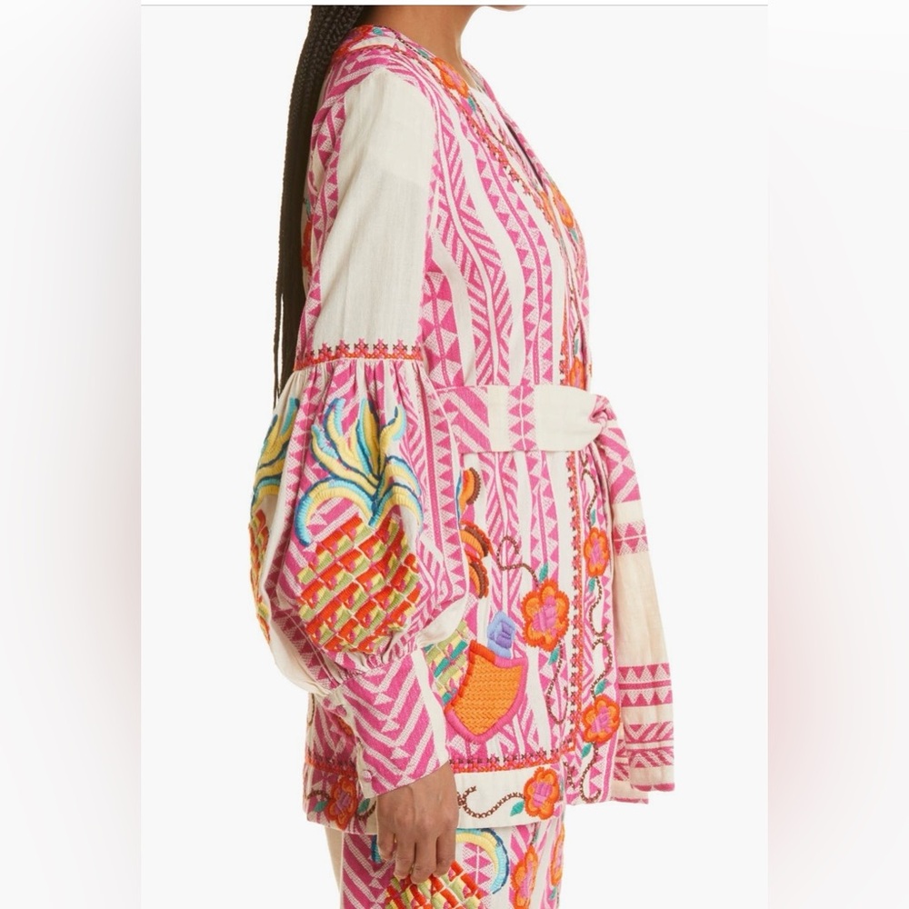 Farm Rio Embroidered jacquard Pink and Cream Belted jacket - Picture 3 of 15